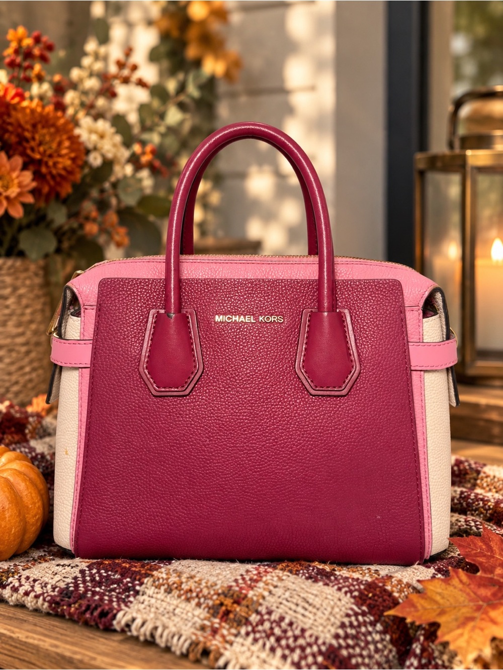 Michael Kors Pink & Berry Colorblock Leather Satchel